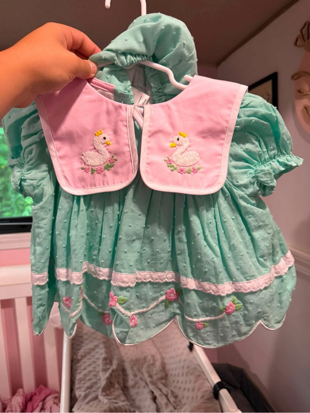 Girls Mint Green Dress with Pink Embroidered Swan Collar